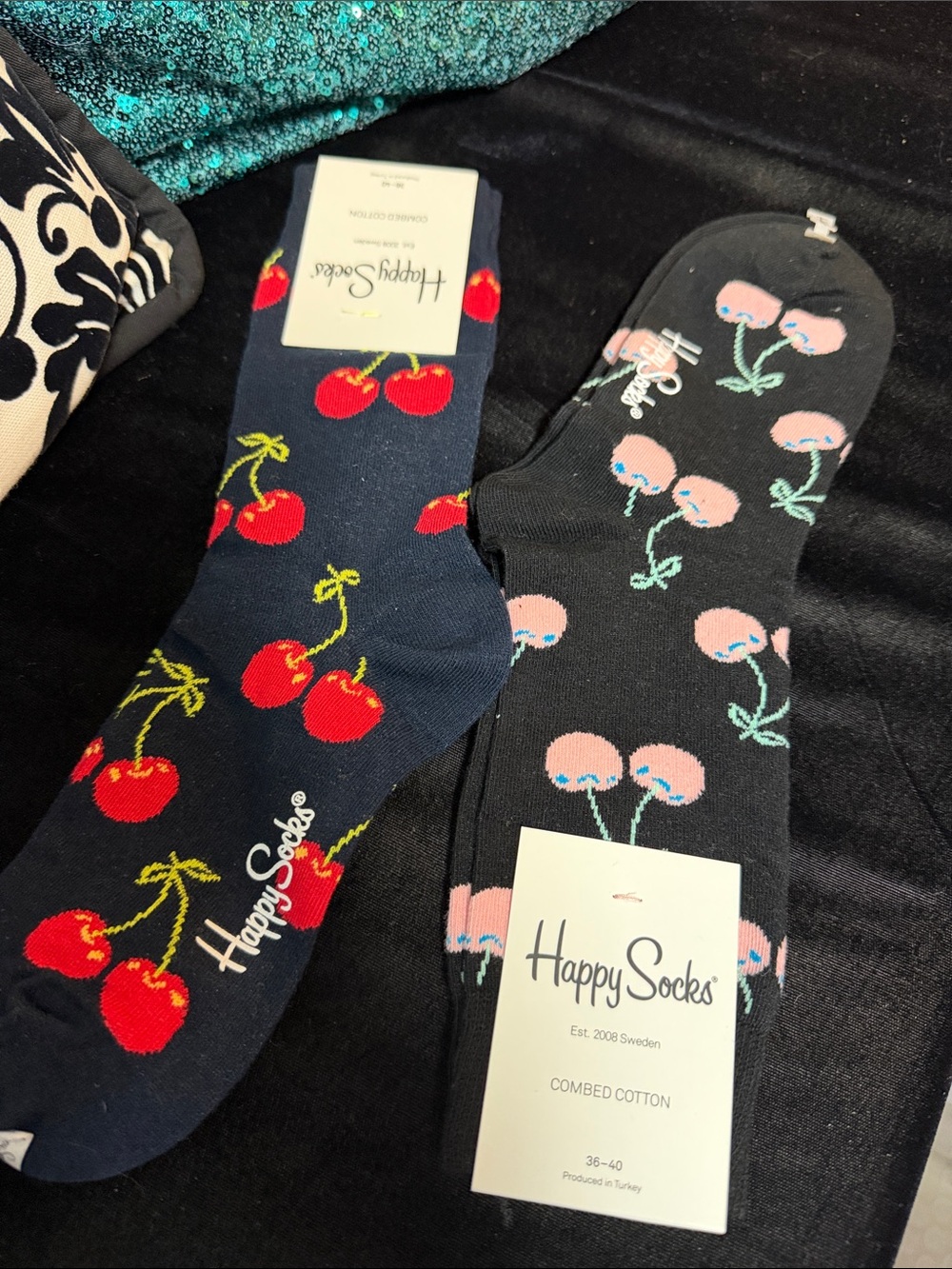 Happy Socks Cherry Crew Socks - Navy & Black with Red and Pink Cherries